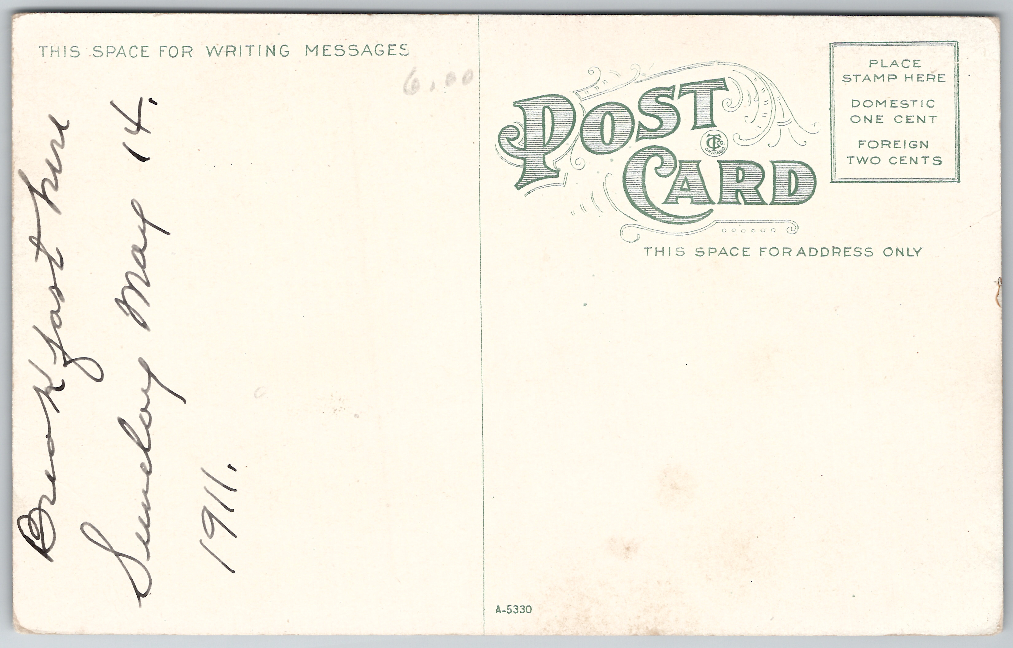 Curt Teich 1910 postcard of Union Station — back