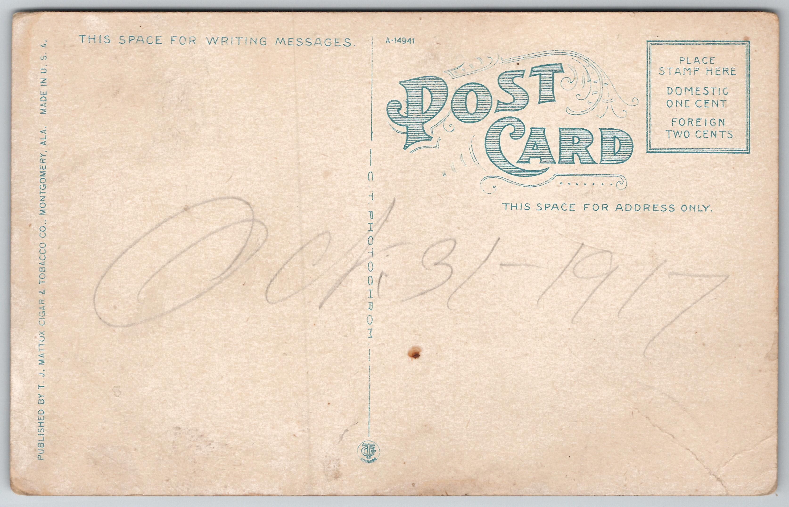 Curt Teich 1910 postcard of Union Station through Lee Street — back