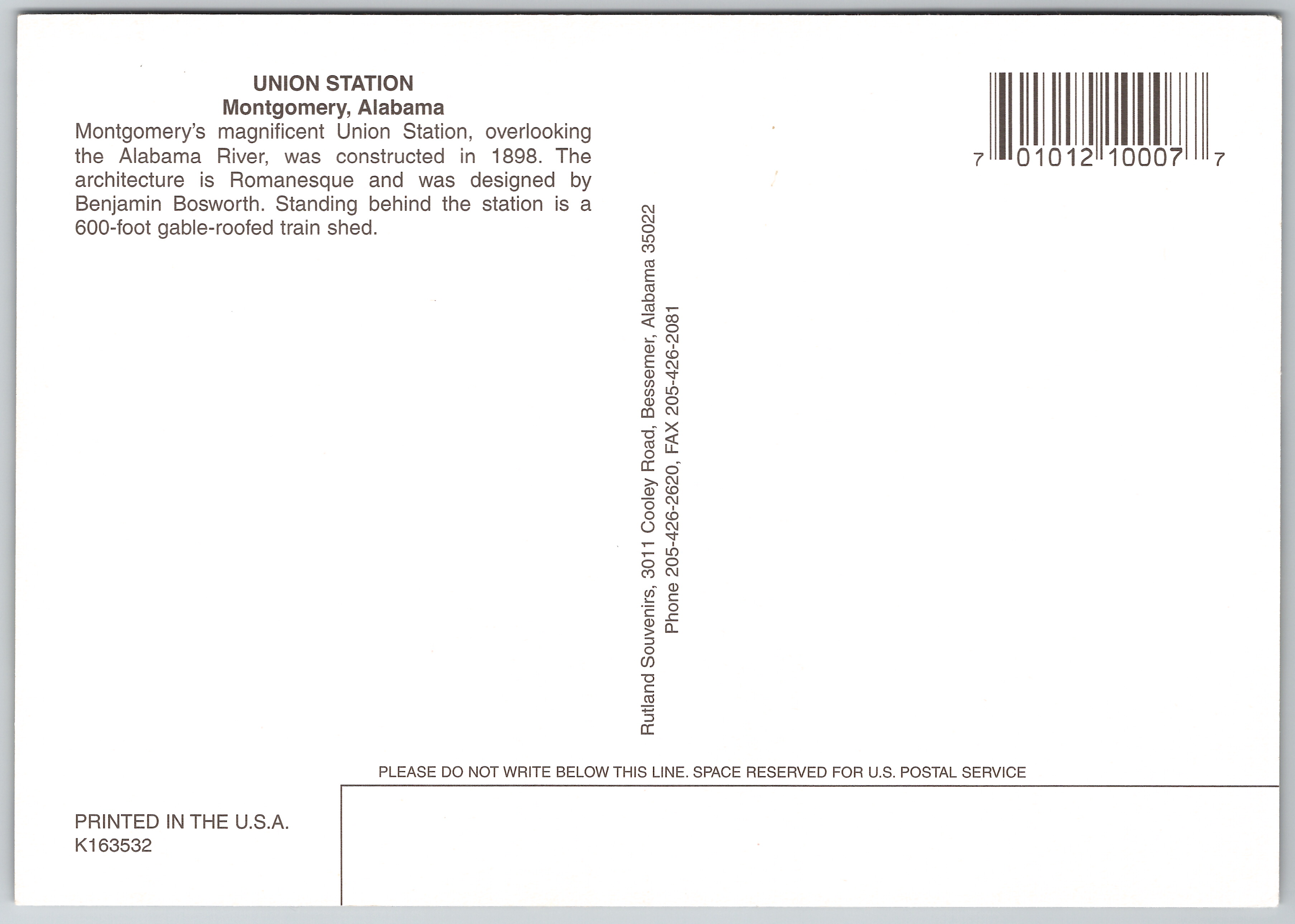 Modern Chrome Union Station postcard — back