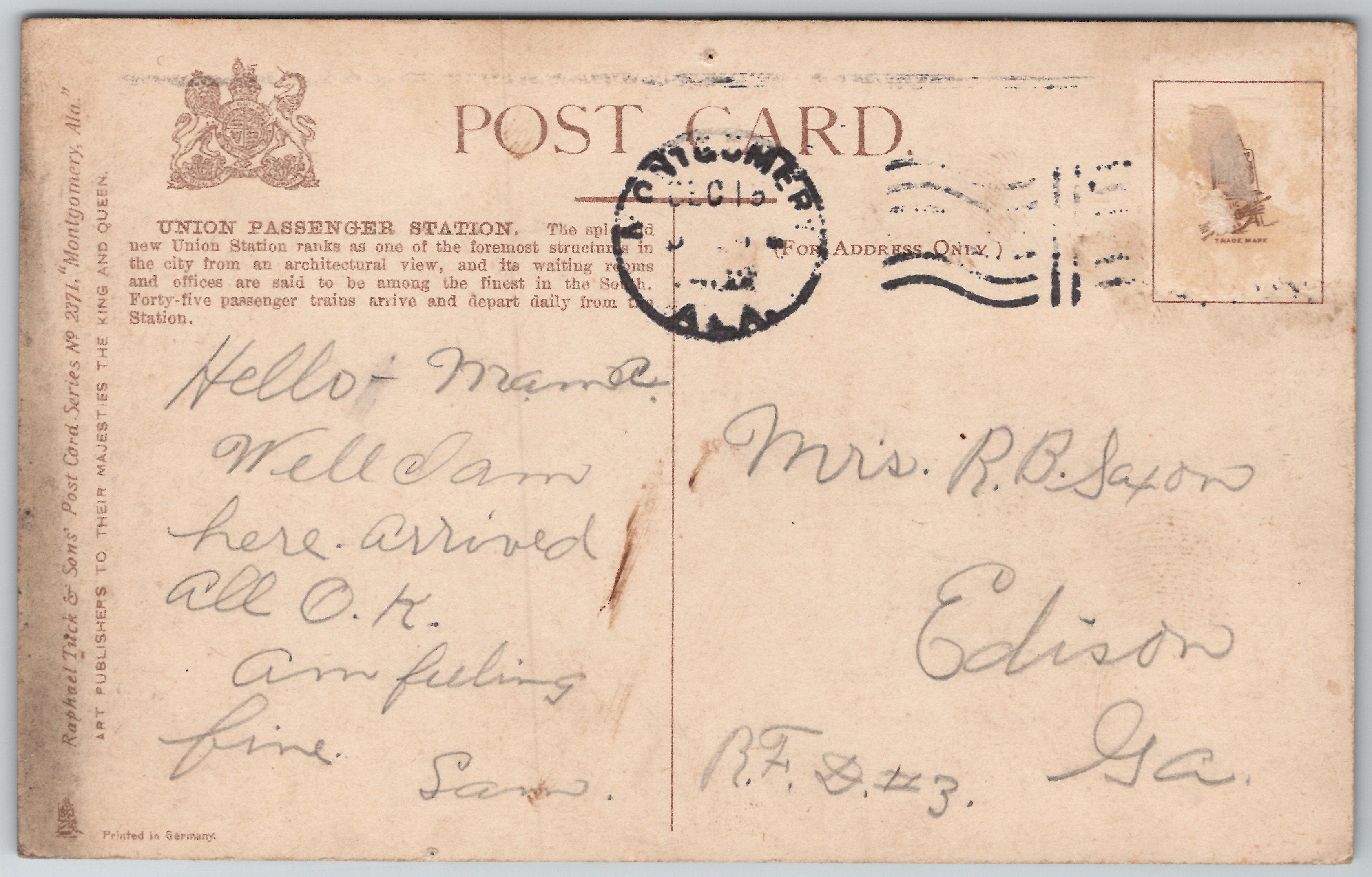 Raphael Tuck version 1 of Union Station - back